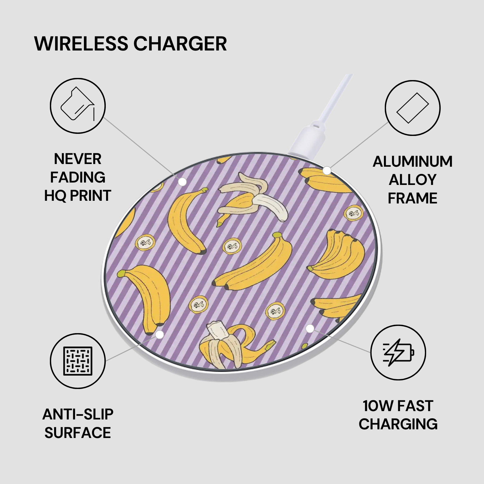 Wireless charger with banana pattern on a gray background