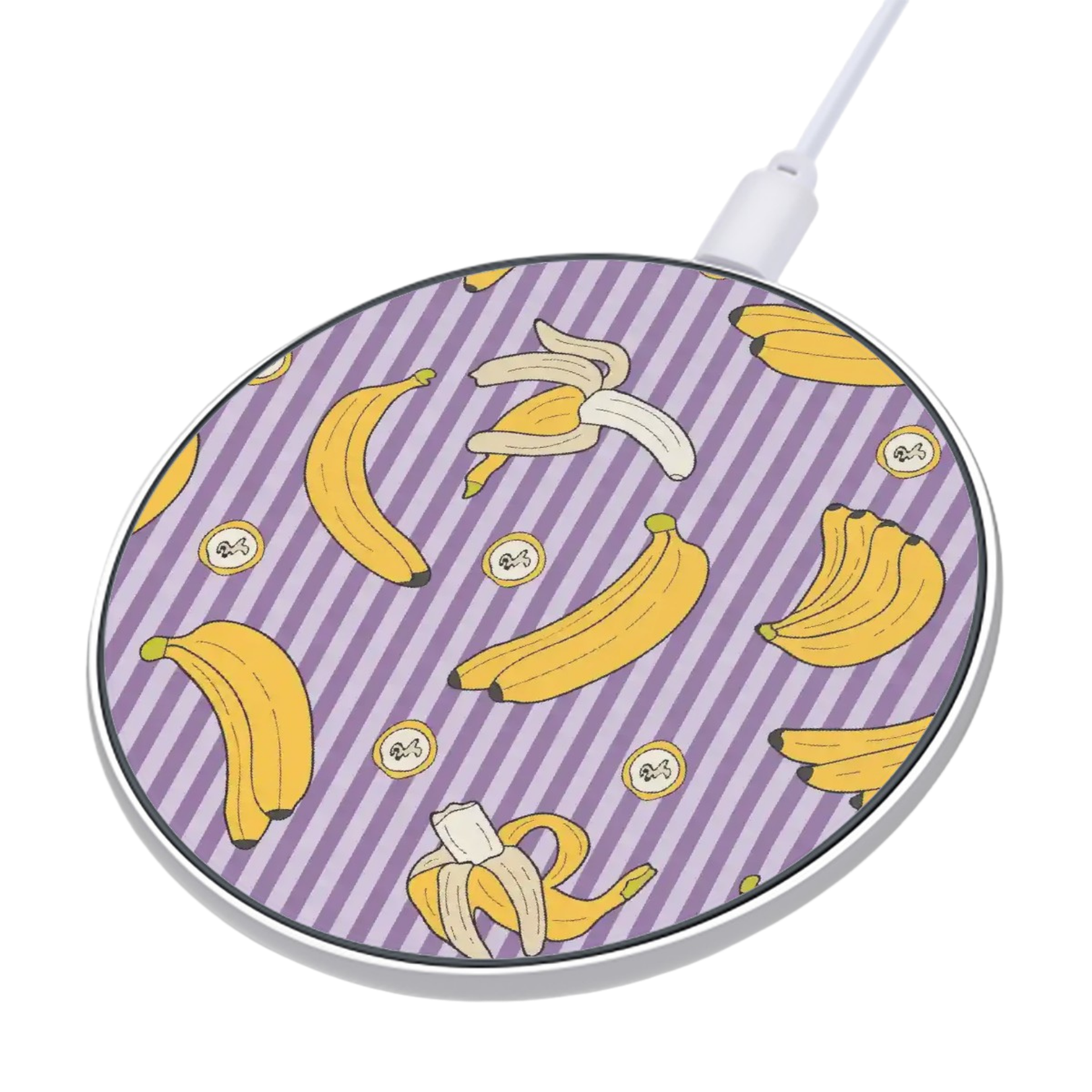 Wireless charger with banana pattern on a purple and white striped background