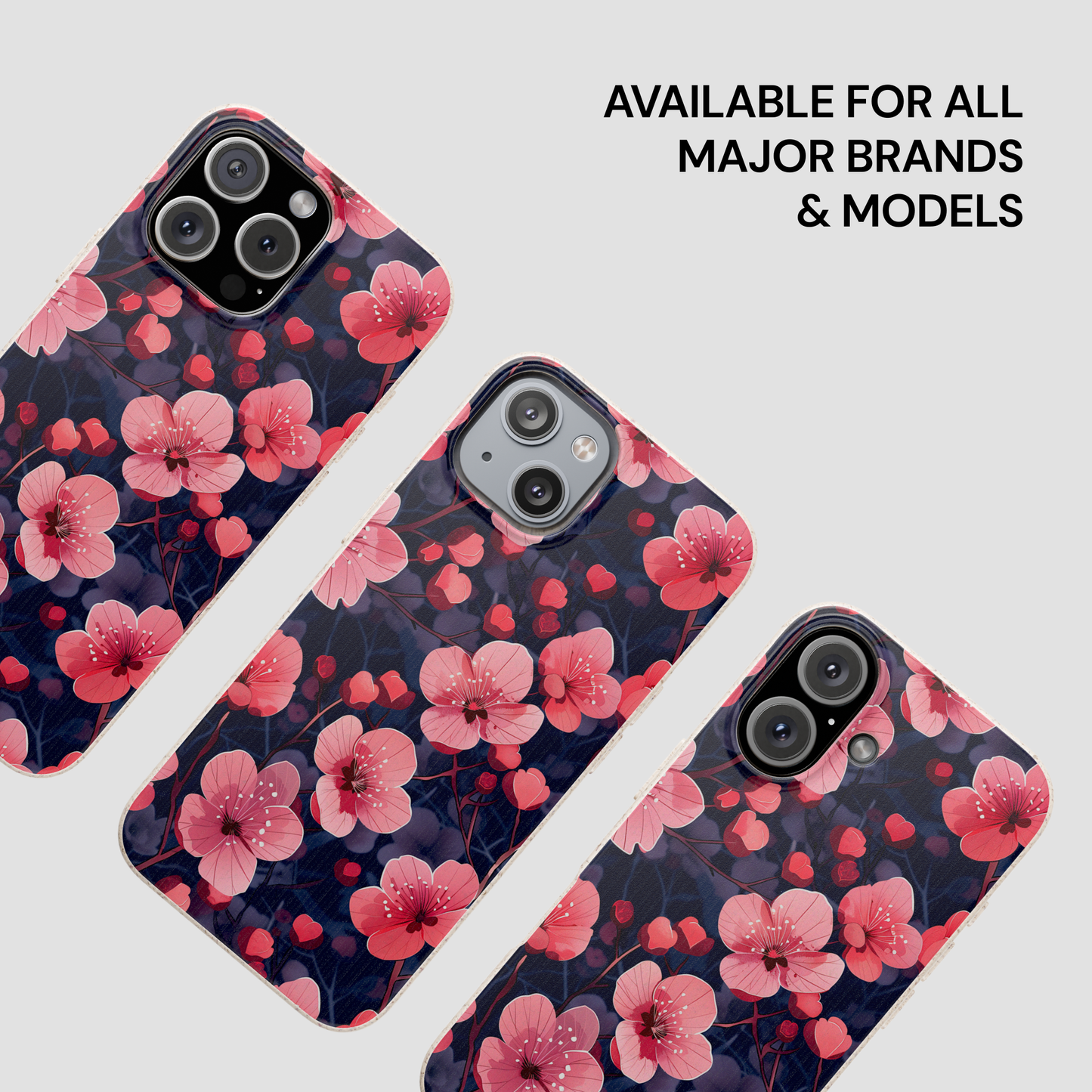 Floral phone case with pink flowers on a dark background, available for all major brands and models.