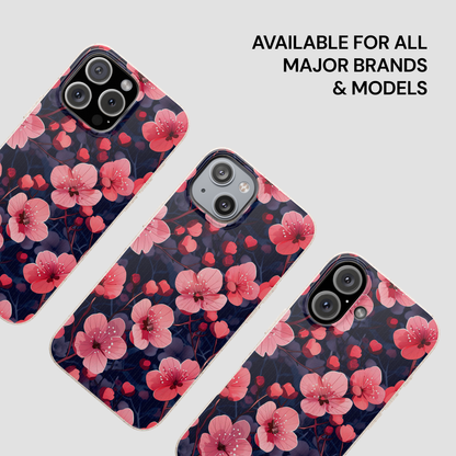 Floral phone case with pink flowers on a dark background, available for all major brands and models.