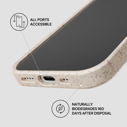 Phone case with accessibility features and biodegradability text on a white background