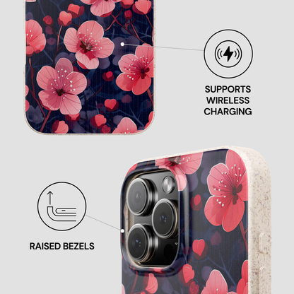 Floral phone case with wireless charging and raised bezels features on a white background