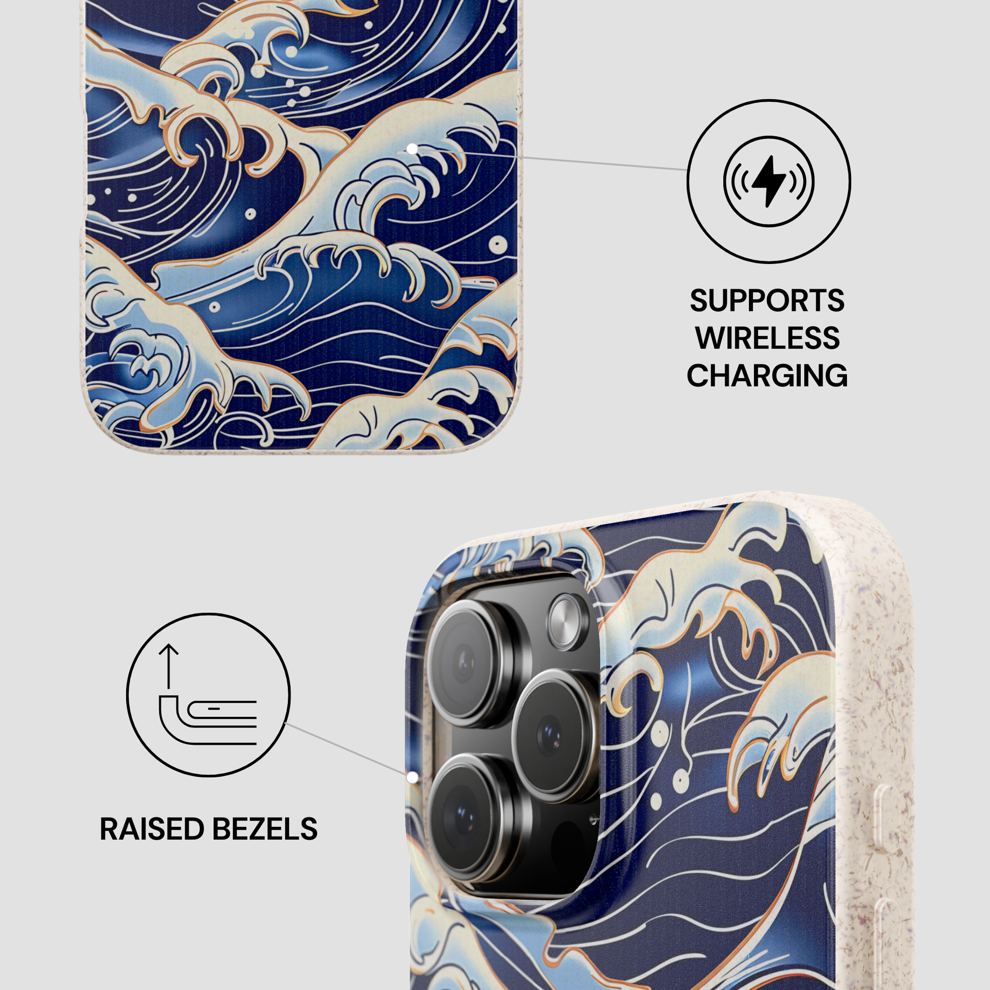 Phone case with wave design and wireless charging and raised bezels features on a light gray background | Casenari