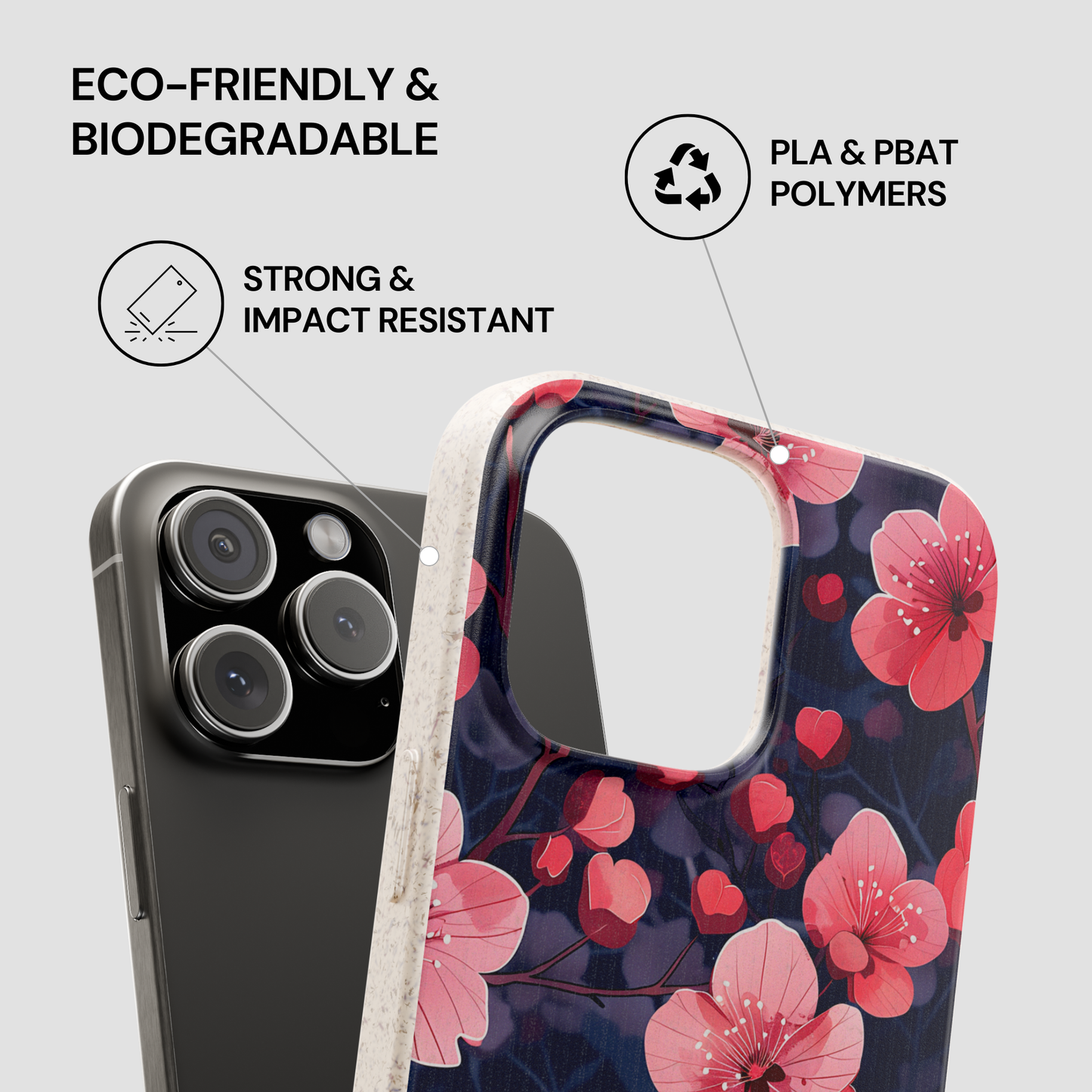 Floral phone case with eco-friendly and biodegradable features on a gray background
