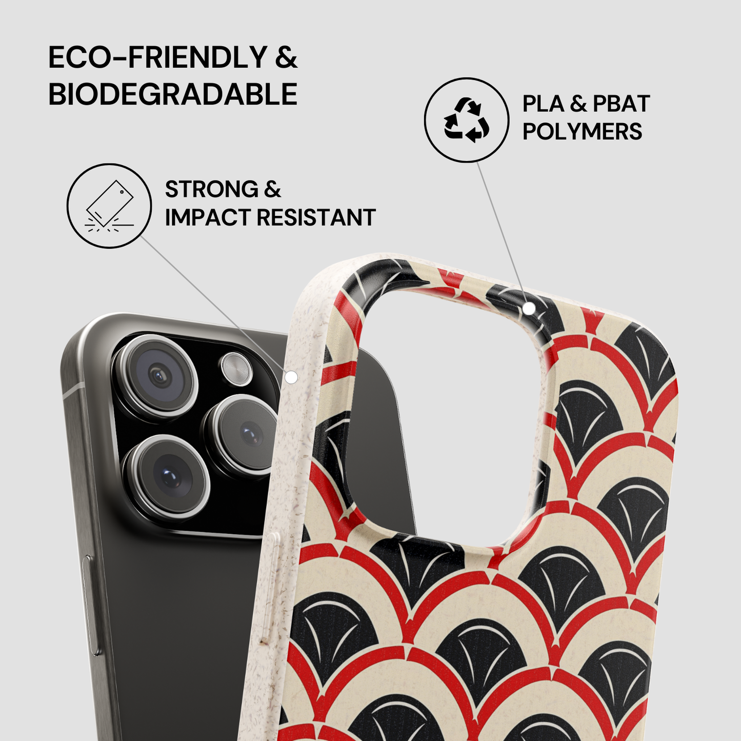 Patterned phone case with eco-friendly and biodegradable features on a gray background