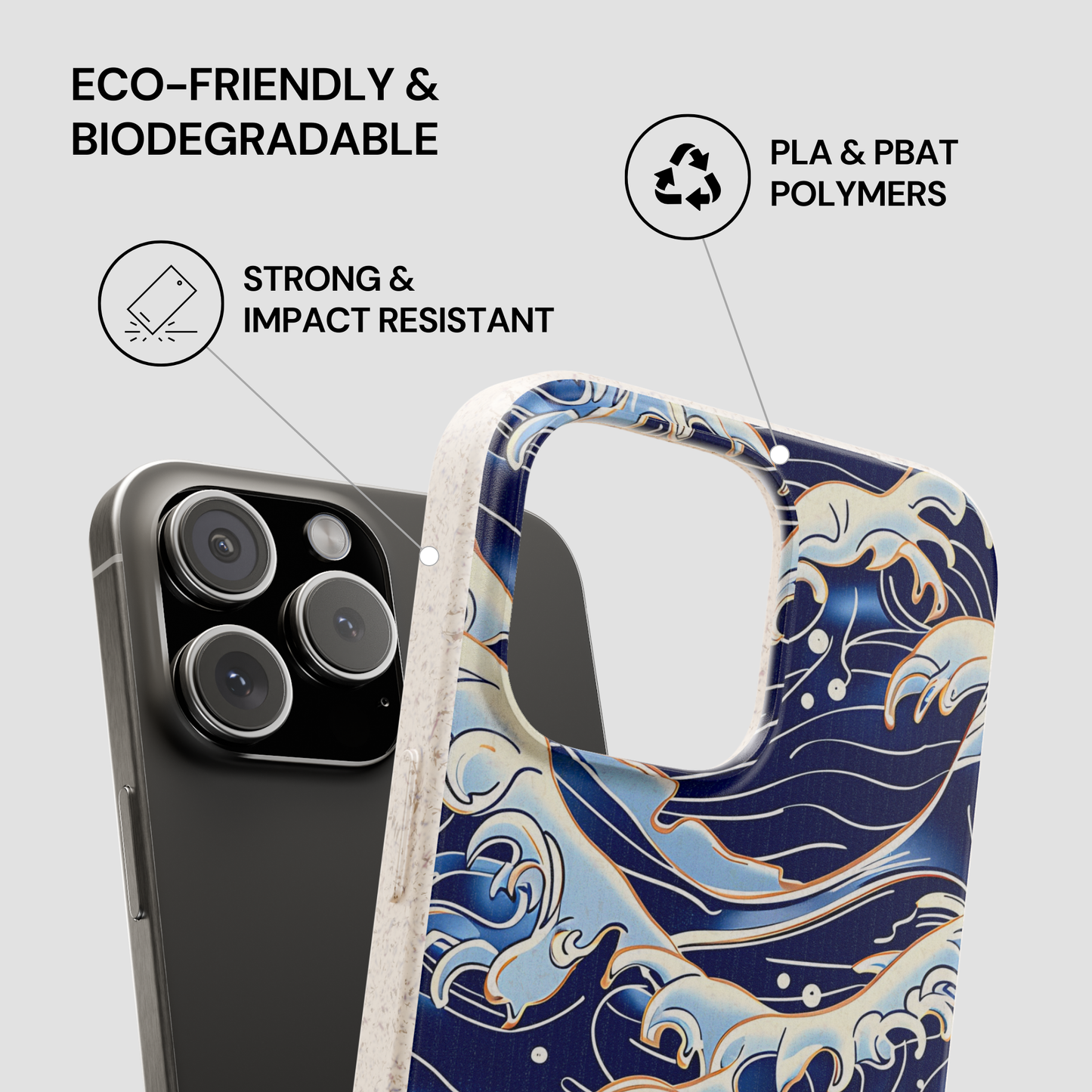 Phone case with wave design and eco-friendly features on a gray background | Casenari