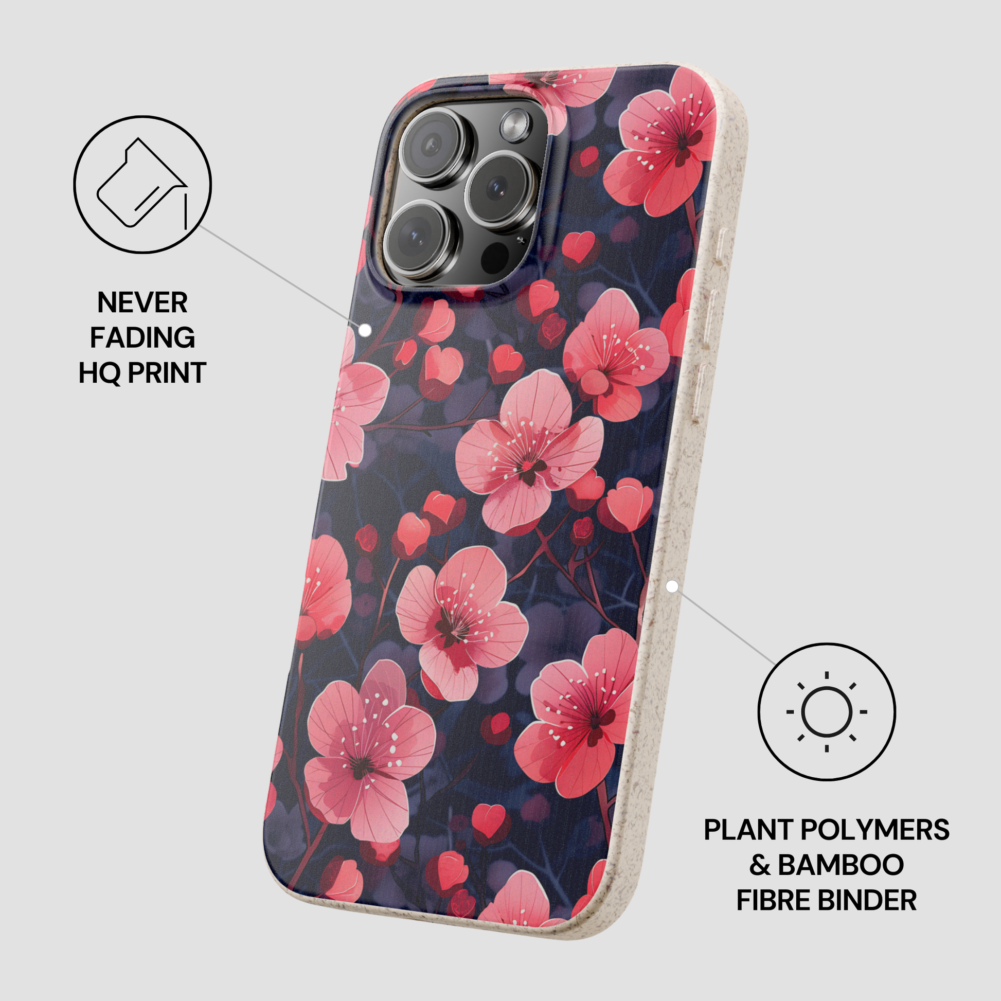 Phone case with pink floral design on a dark background, featuring text about material and print quality.