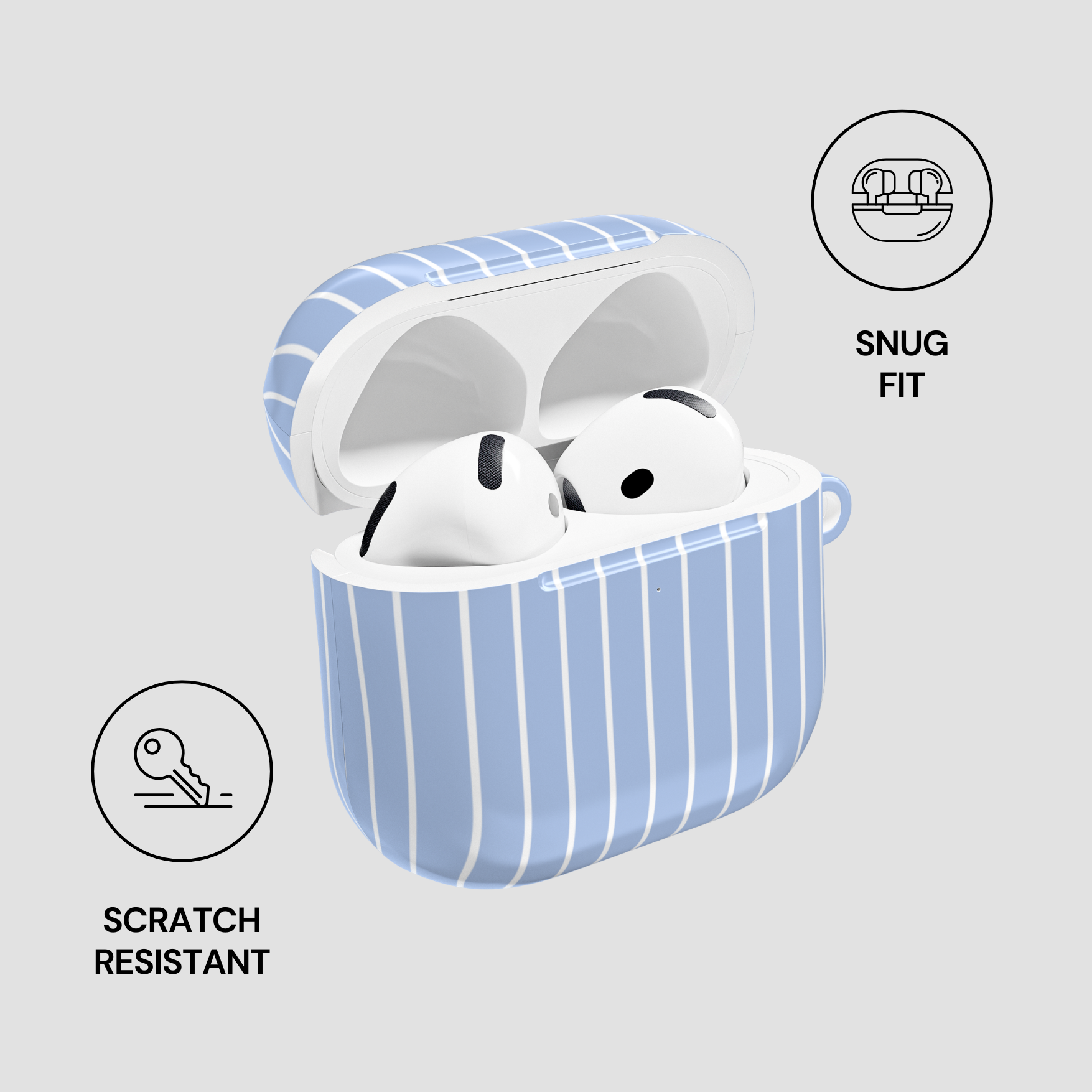 Wireless earbuds in a blue striped case with 'Snug Fit' and 'Scratch Resistant' icons on a light gray background.