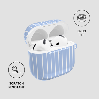 Wireless earbuds in a blue striped case with 'Snug Fit' and 'Scratch Resistant' icons on a light gray background.