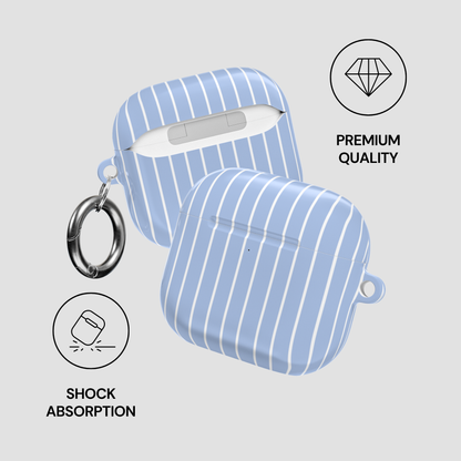 Blue striped airpod case with keychain on a light gray background