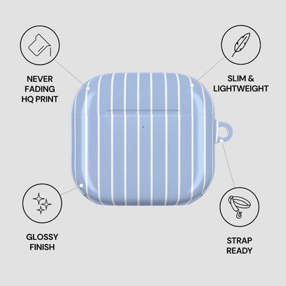 Blue striped air pod case with features listed on a gray background