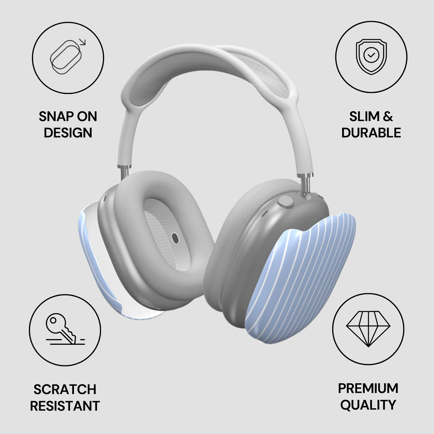 Gray headphones with features listed on a light gray background
