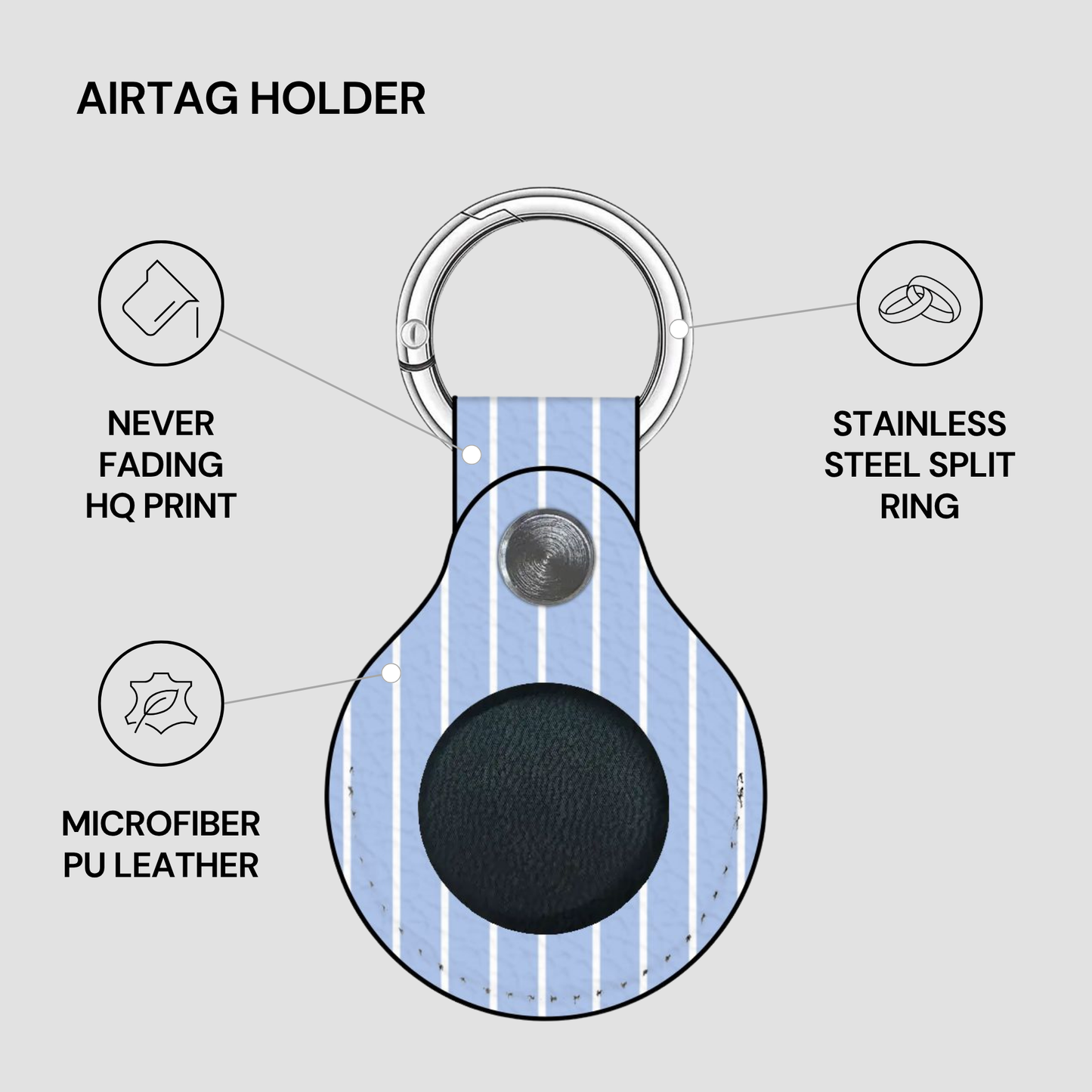 Airtag holder with features highlighted on a gray background