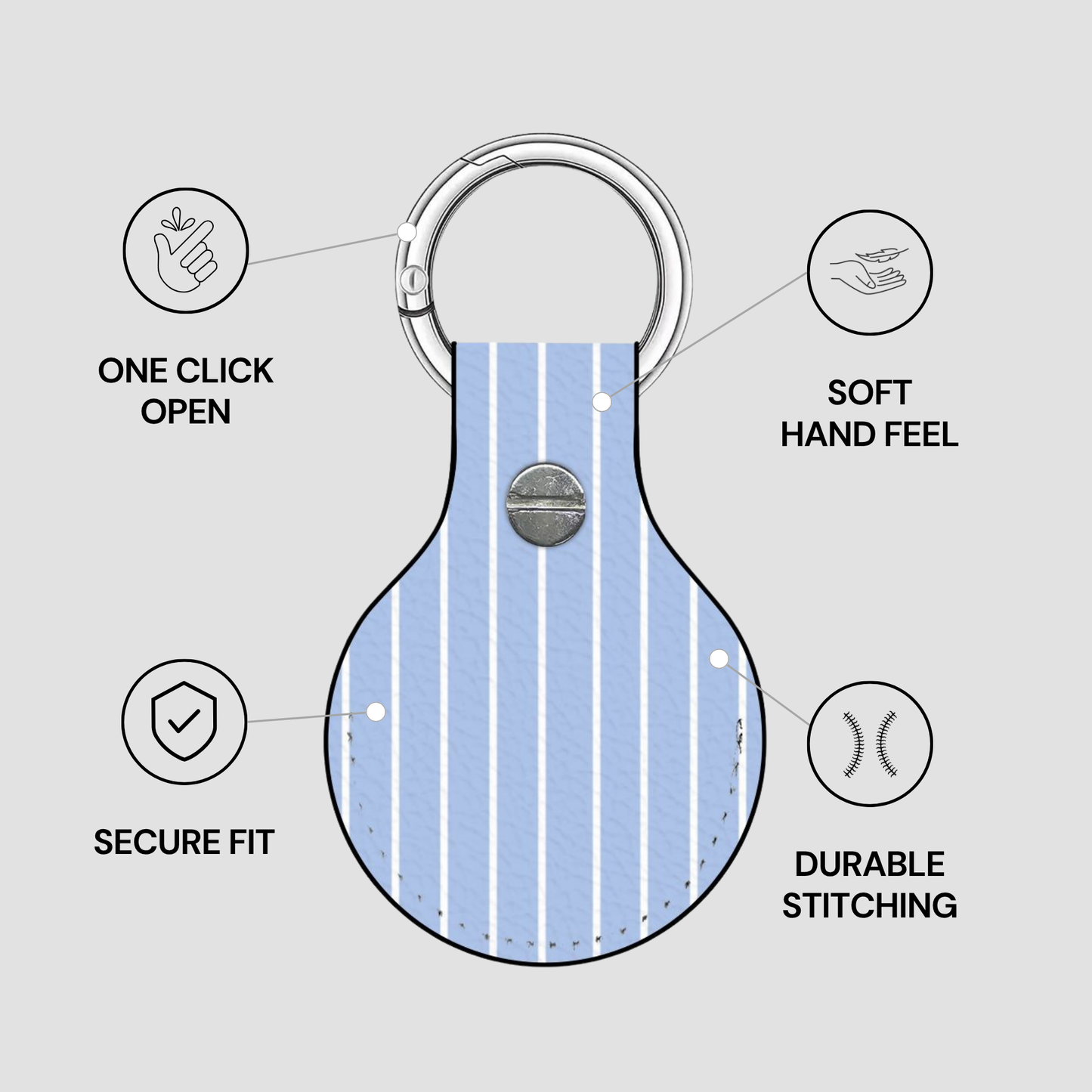 Blue keychain with features highlighted on a gray background