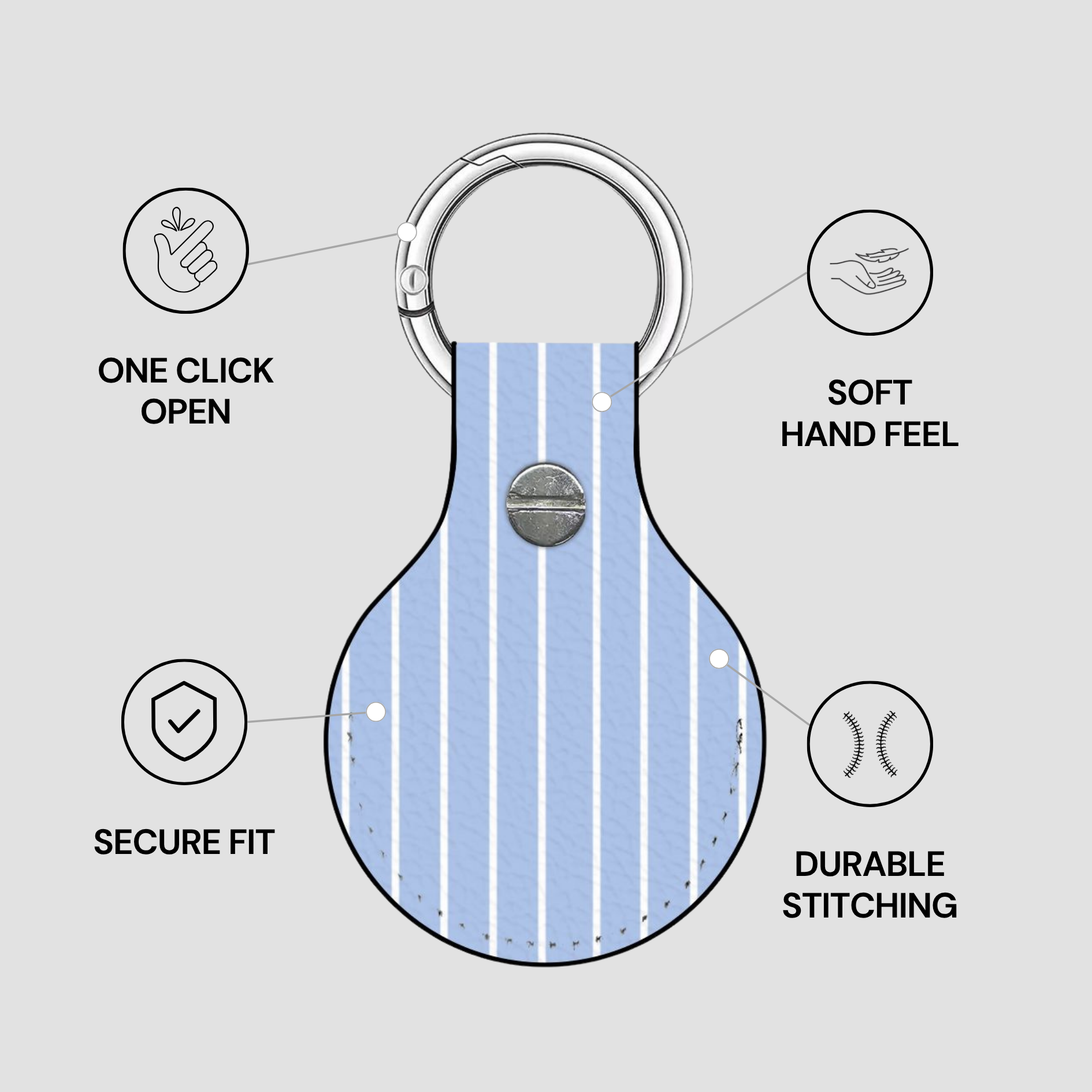 Blue keychain with features highlighted on a gray background