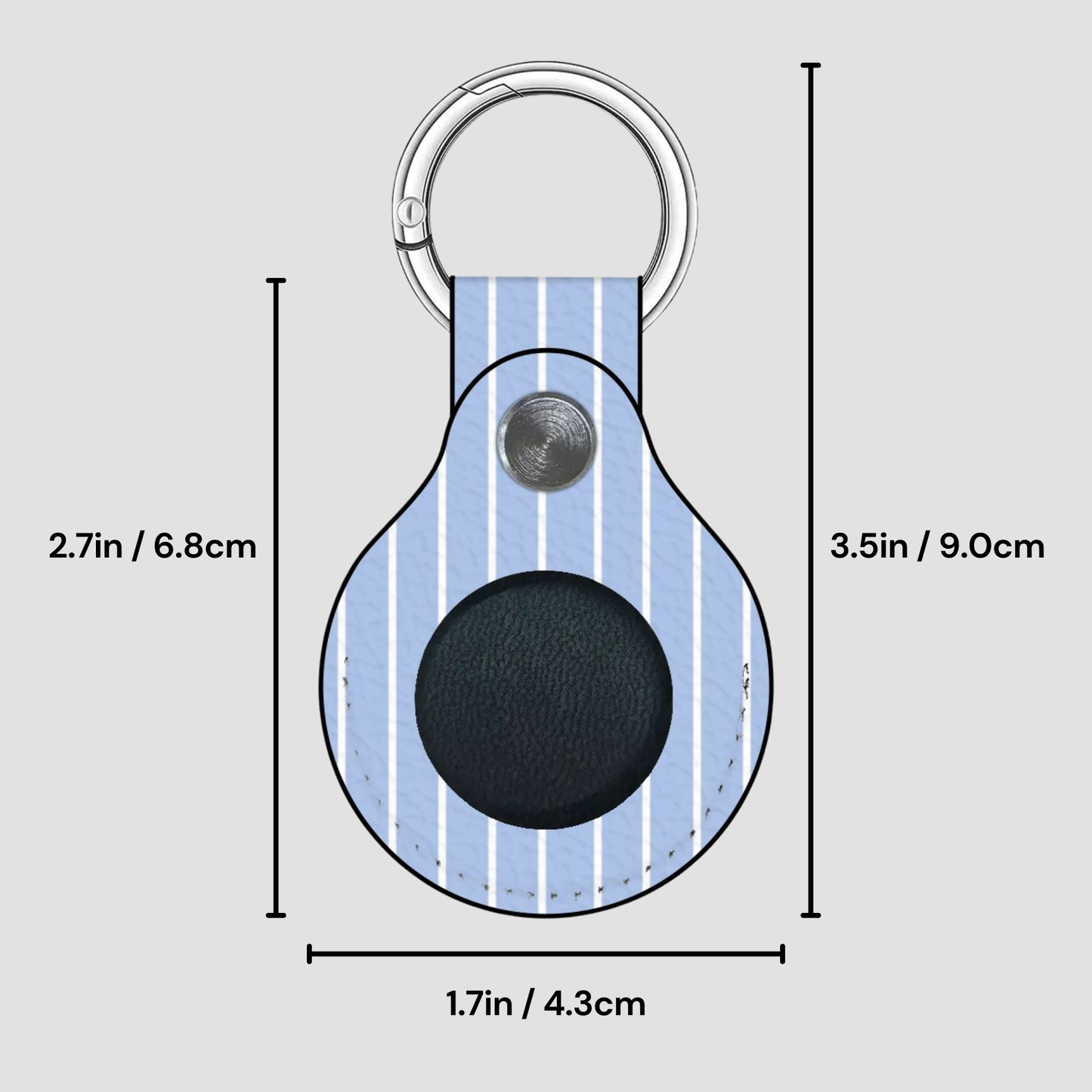 Keychain with blue striped pattern and black circular component, showing measurements on a gray background