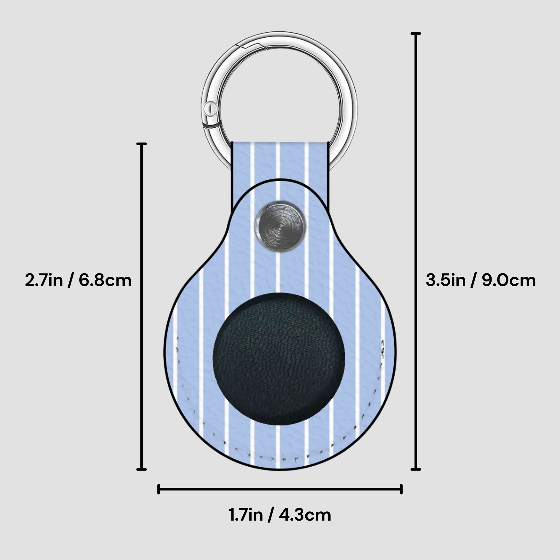 Keychain with blue striped pattern and black circular component, showing measurements on a gray background