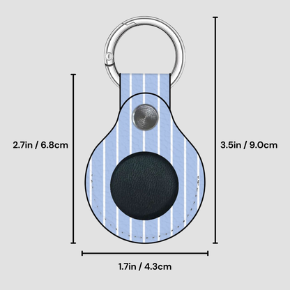 Keychain with blue striped pattern and black circular component, showing measurements on a gray background