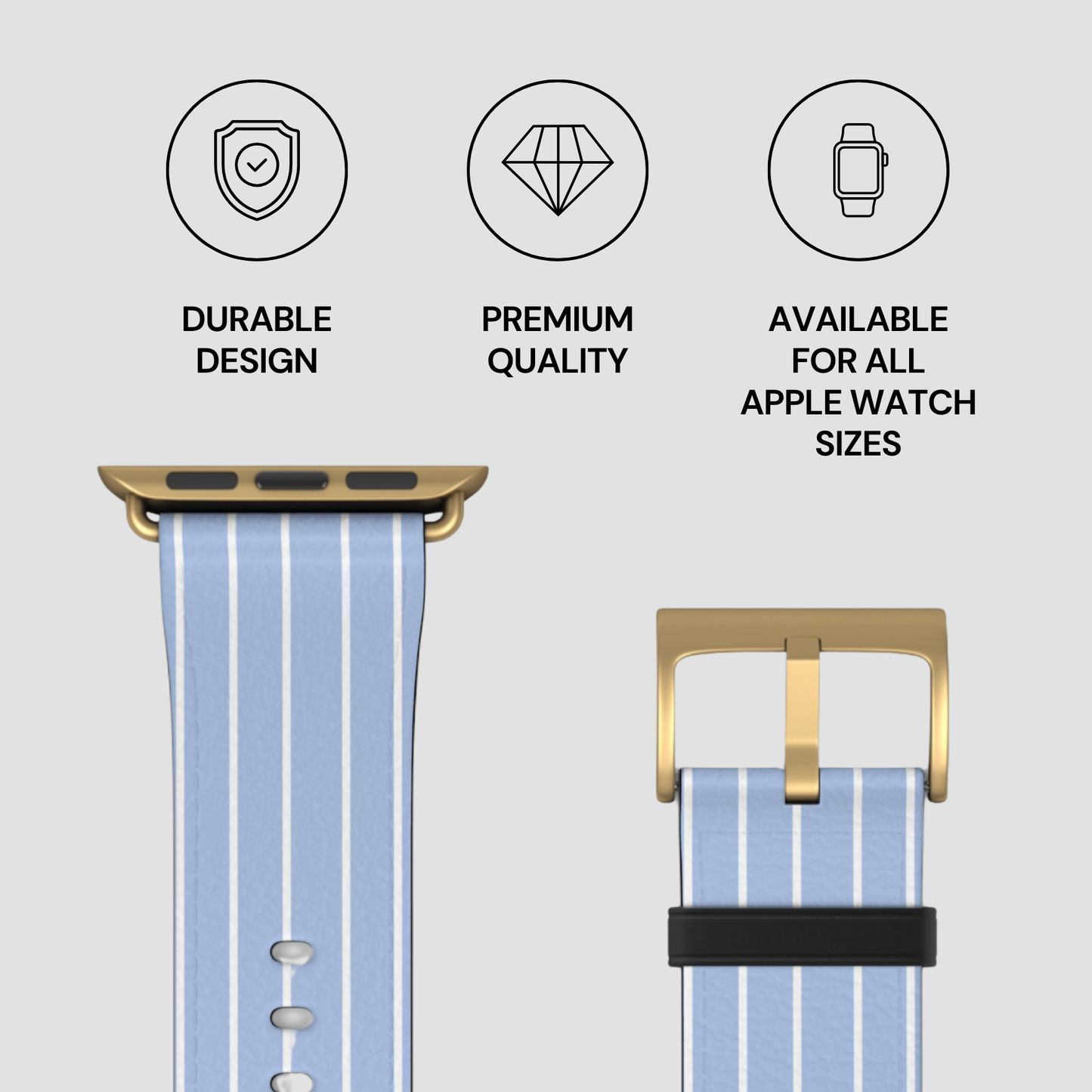 Blue and white striped Apple Watch band with gold buckle on a light gray background, featuring durability, quality, and size availability text.