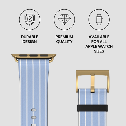 Blue and white striped Apple Watch band with gold buckle on a light gray background, featuring durability, quality, and size availability text.