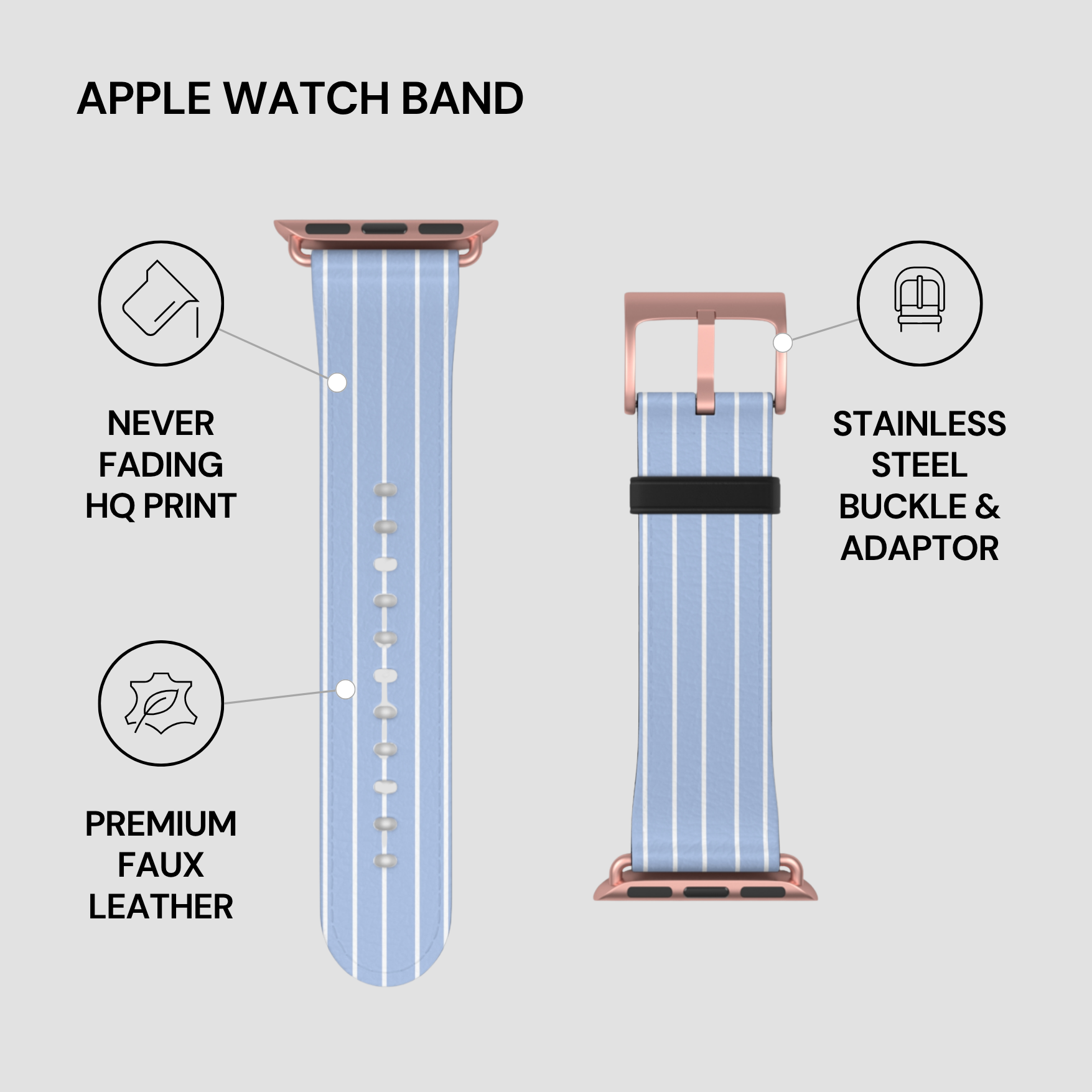 Apple Watch band with features highlighted on a gray background