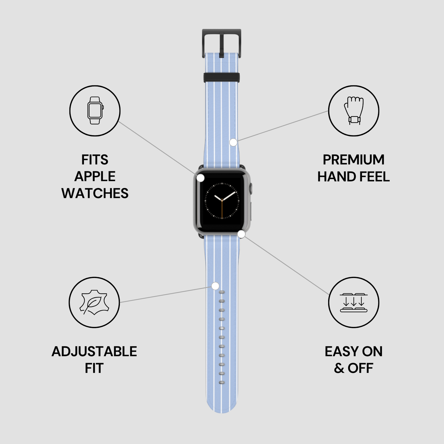 Smartwatch with a blue band on a gray background with feature icons.