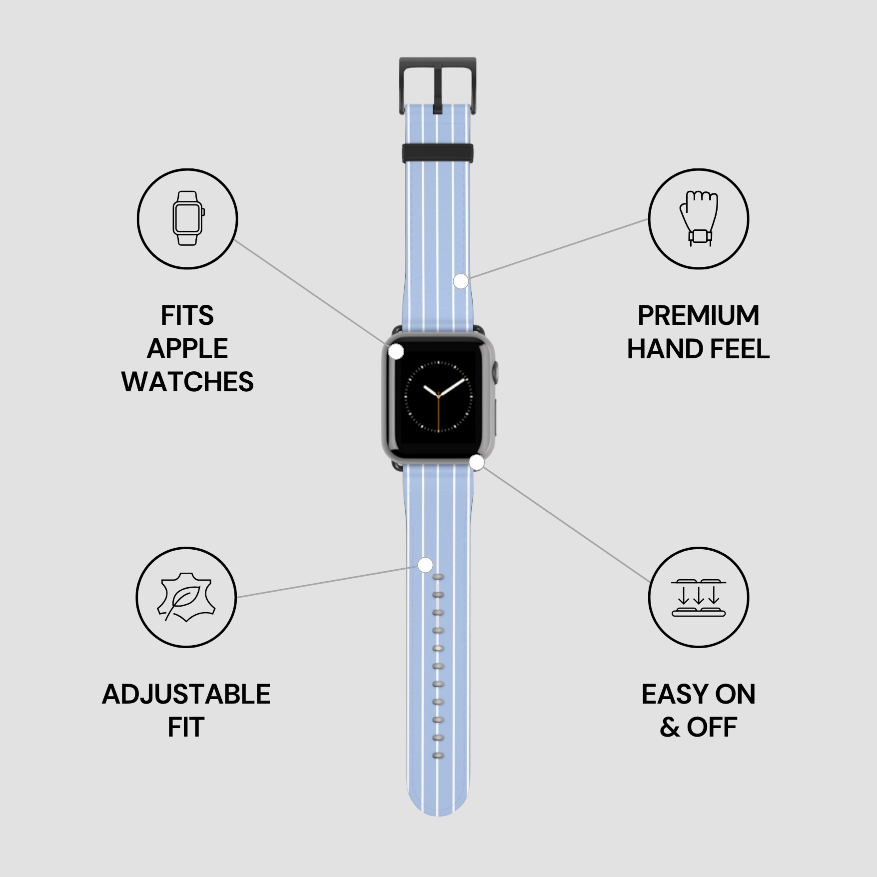 Smartwatch with a blue band on a gray background with feature icons.