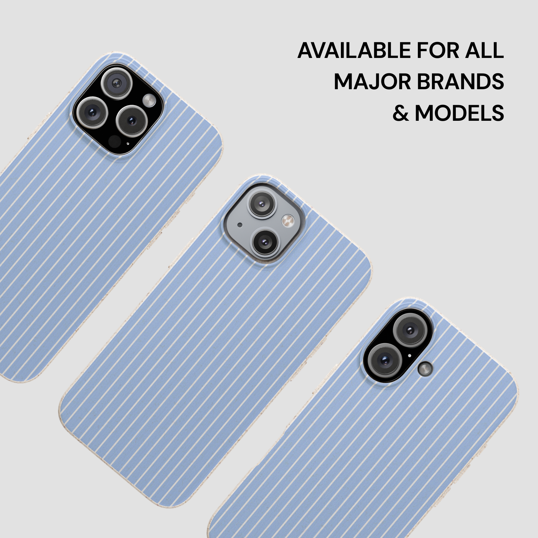 Three blue phone cases with text 'Available for all major brands & models' on a light gray background
