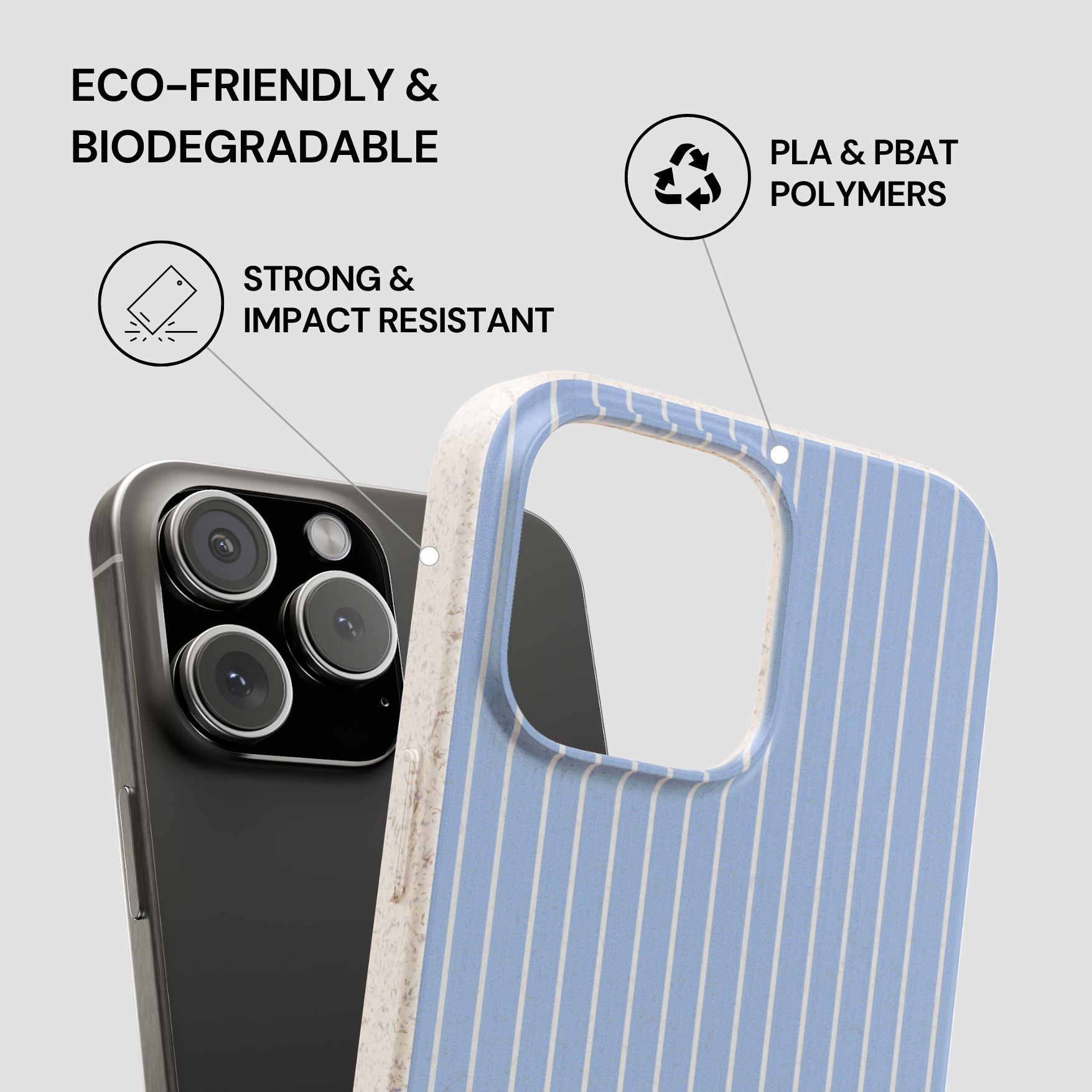 Phone case with eco-friendly and biodegradable features on a gray background