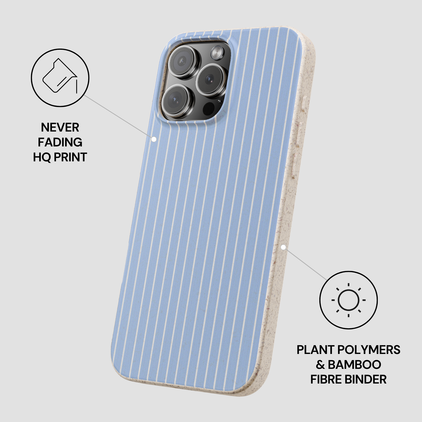 Phone case with blue and white striped design on a light gray background