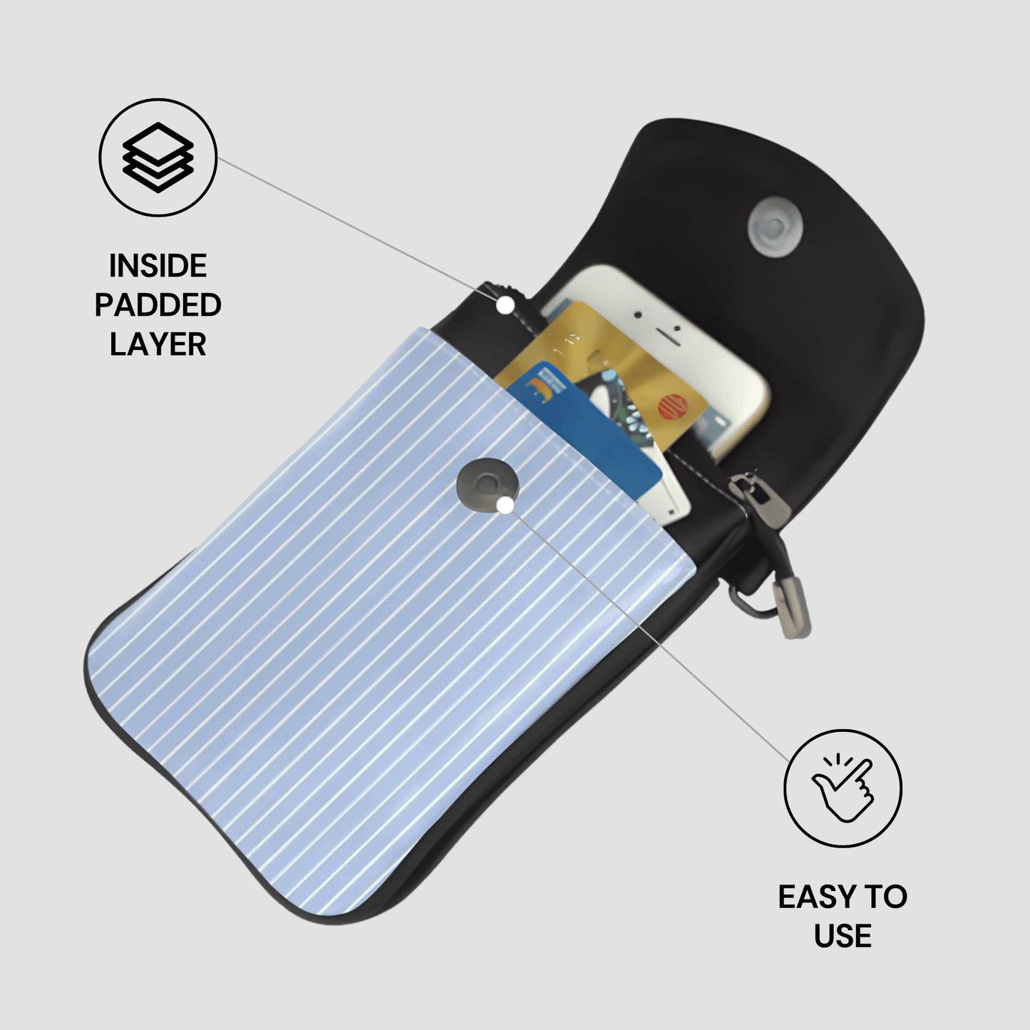 Black wallet with phone and cards, labeled 'Inside Padded Layer' and 'Easy to Use'.