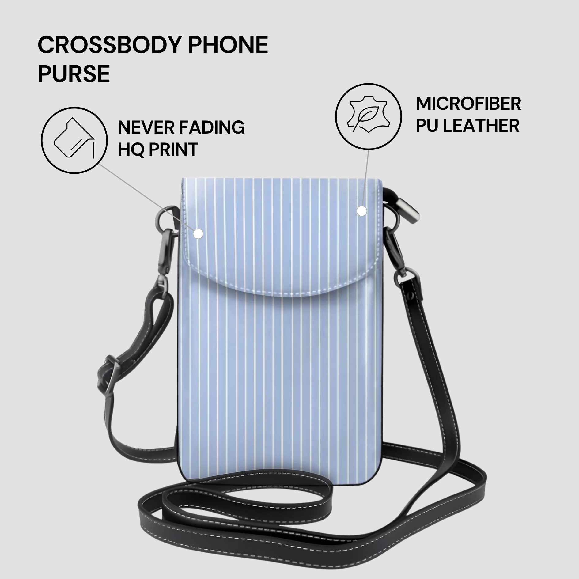 Crossbody phone purse with features listed on a light gray background