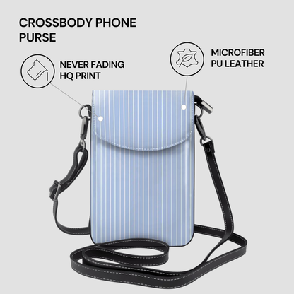 Crossbody phone purse with features listed on a light gray background
