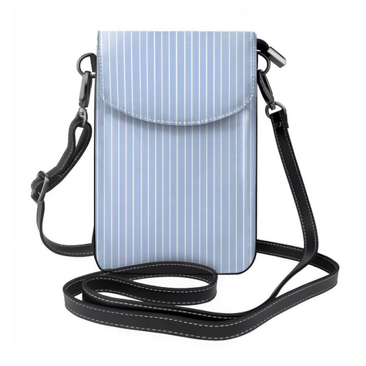 Small crossbody bag with a blue striped pattern on a white background