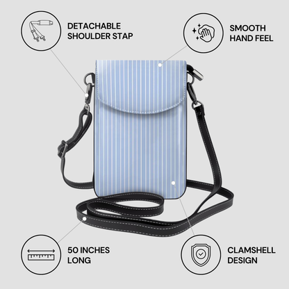 Phone crossbody bag with features highlighted on a light gray background