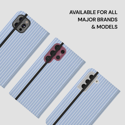 Phone case with blue and white striped pattern on a light gray background