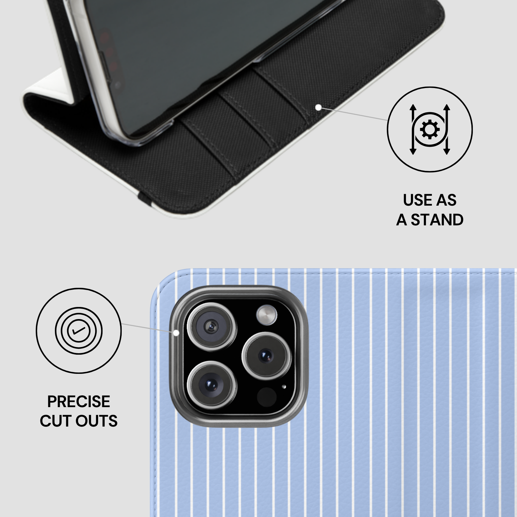 Phone case with stand feature and camera cutout details on a white background