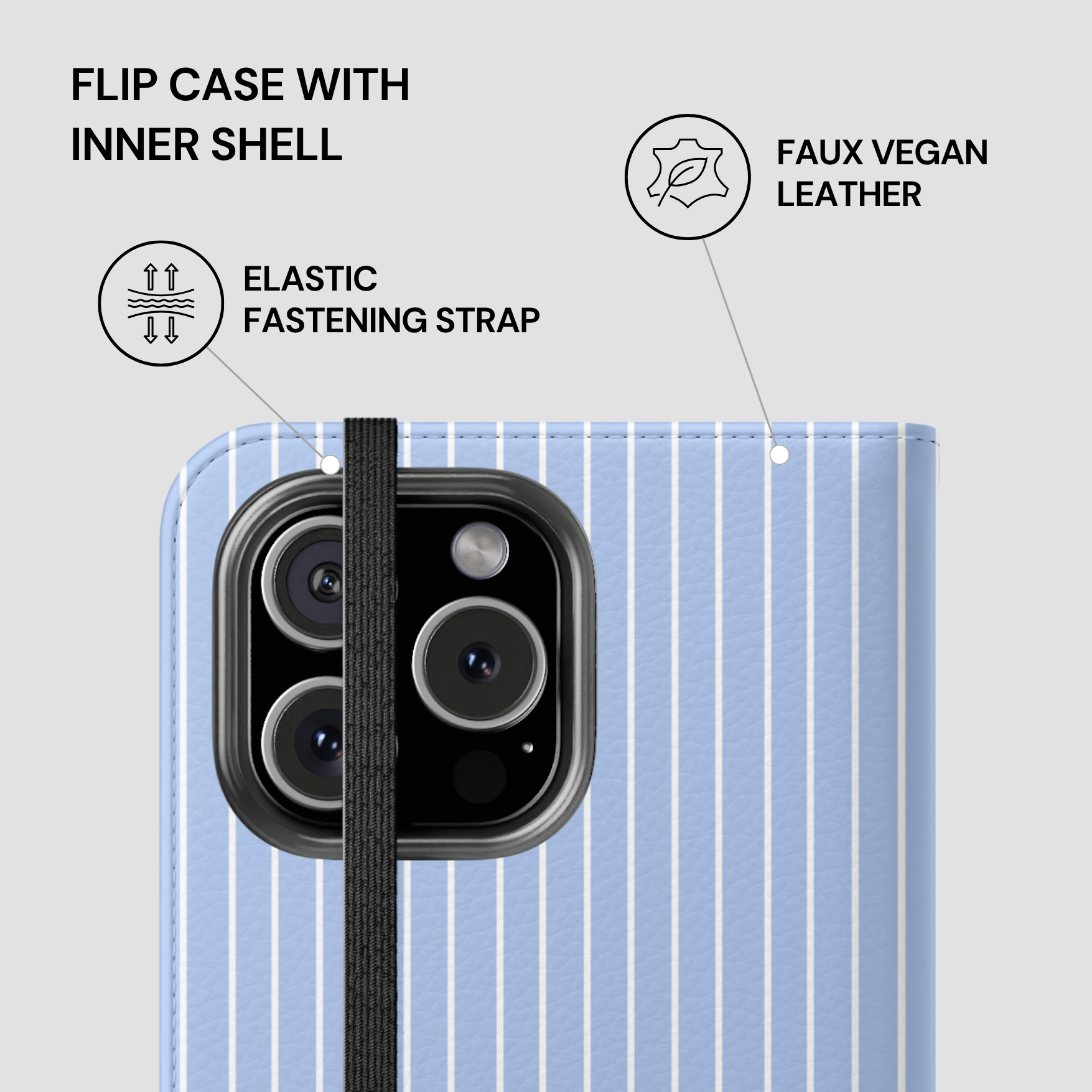 Flip case with inner shell, faux vegan leather, and elastic fastening strap on a phone.