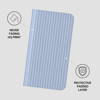 Blue striped fabric with text indicating 'Never Fading HQ Print' and 'Protective Padded Layer' on a gray background.