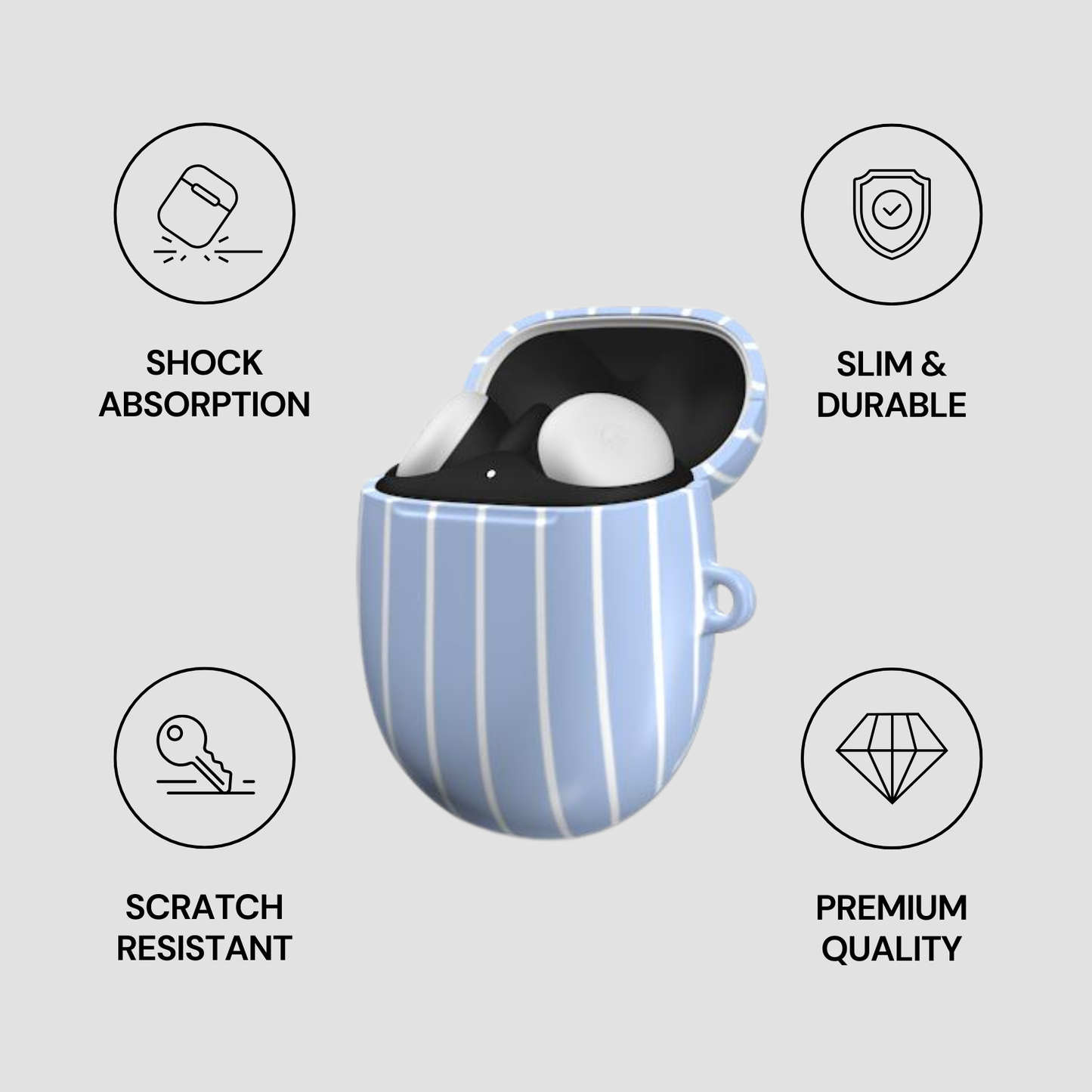 Blue striped mug with a white sphere inside, surrounded by icons and text describing features.