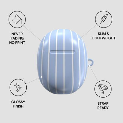 Blue striped product with features listed on a gray background
