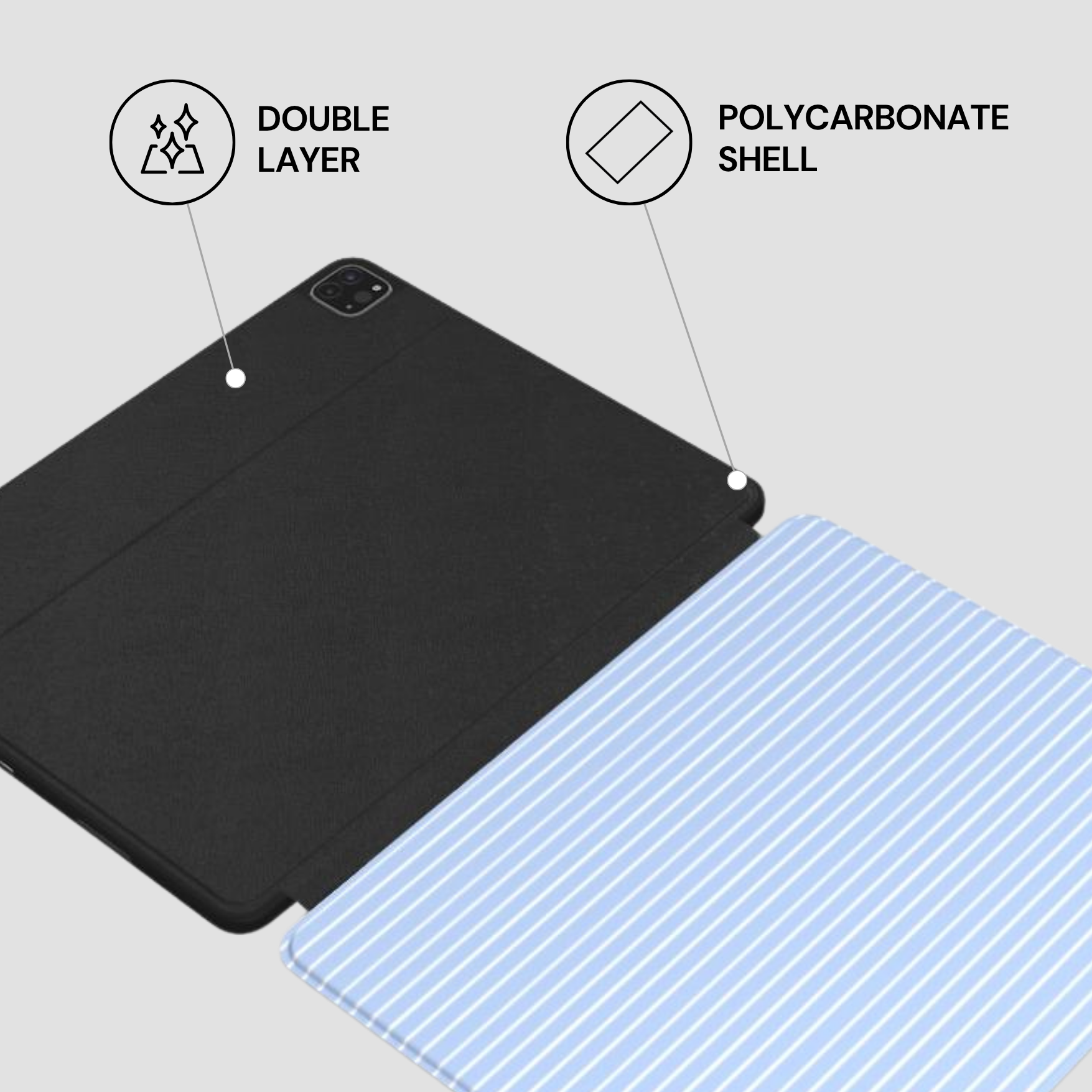 Black and blue tablet case with features labeled on a light gray background