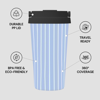 Reusable coffee cup with features highlighted on a light gray background