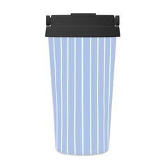 Tumbler with blue and white striped design on a white background