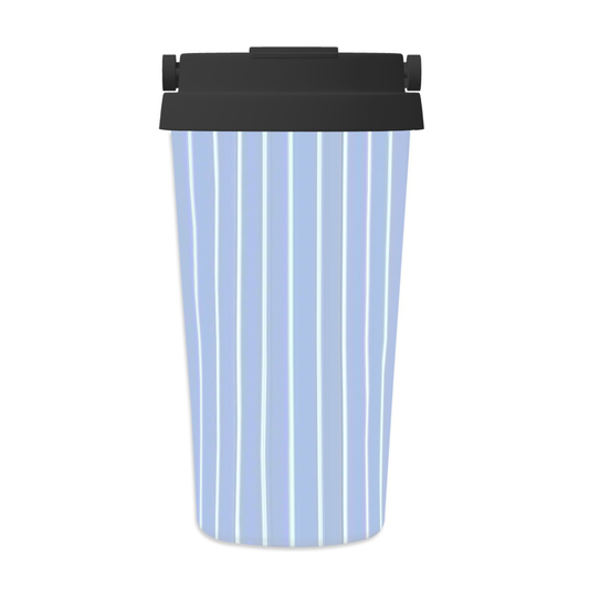 Tumbler with blue and white striped design on a white background