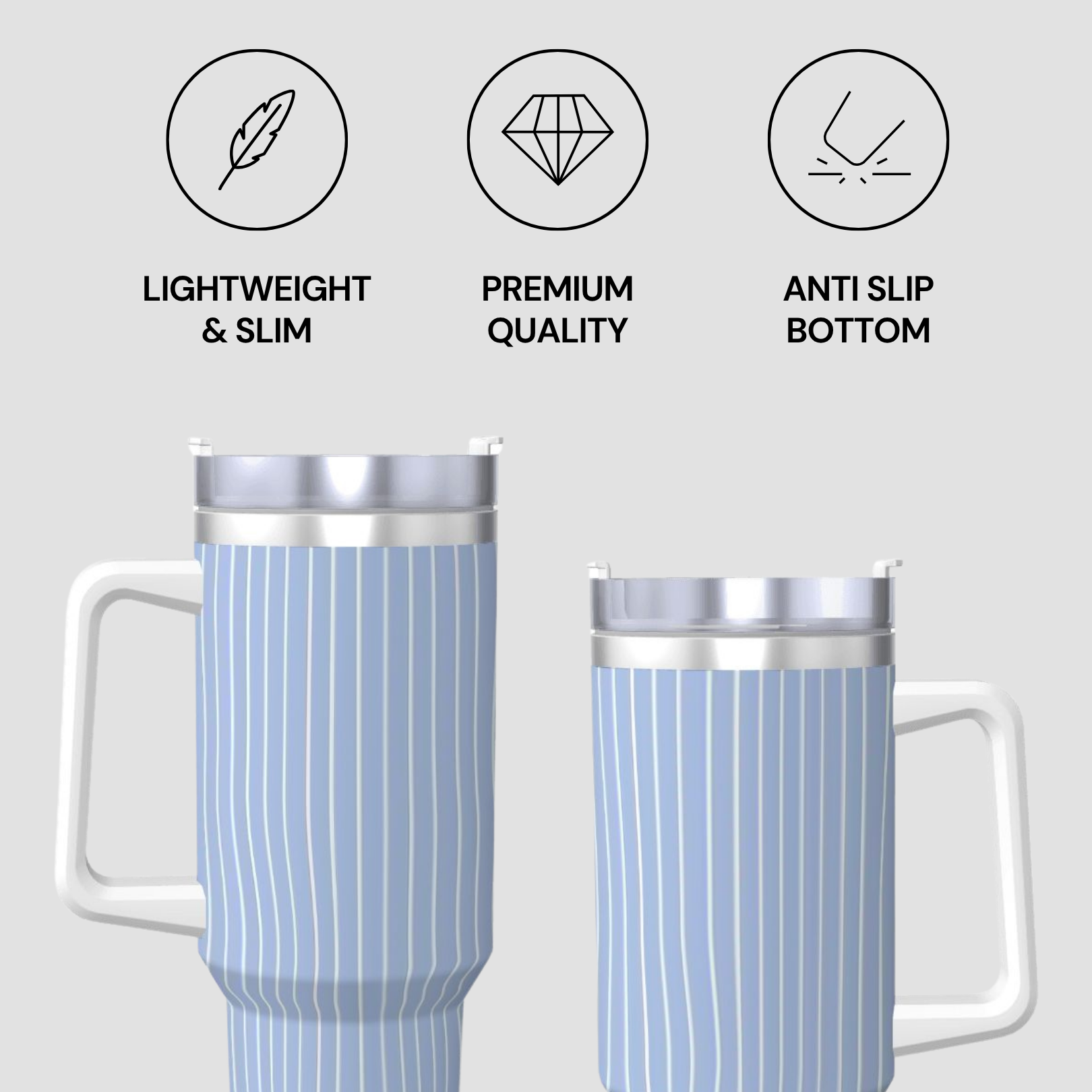 Two blue striped tumblers with features listed above on a light gray background
