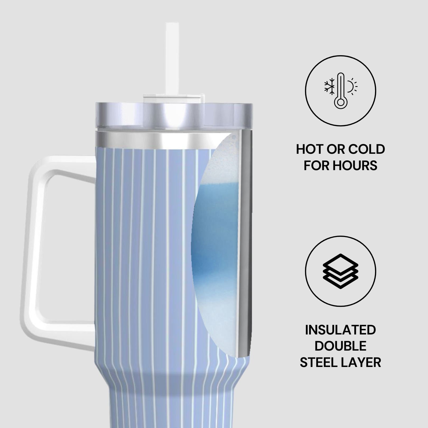 Stainless steel tumbler with blue liquid on a light gray background, featuring text about insulation.