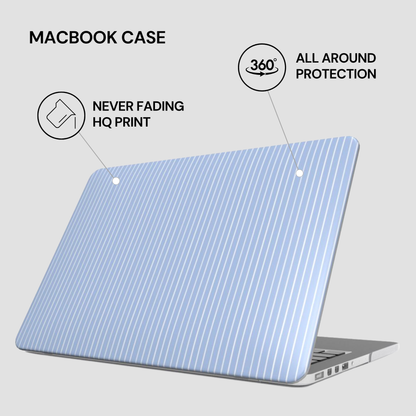 Blue striped MacBook case with text highlighting features on a light gray background