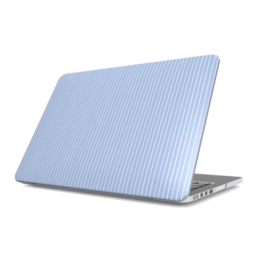Laptop with a blue striped case on a white background