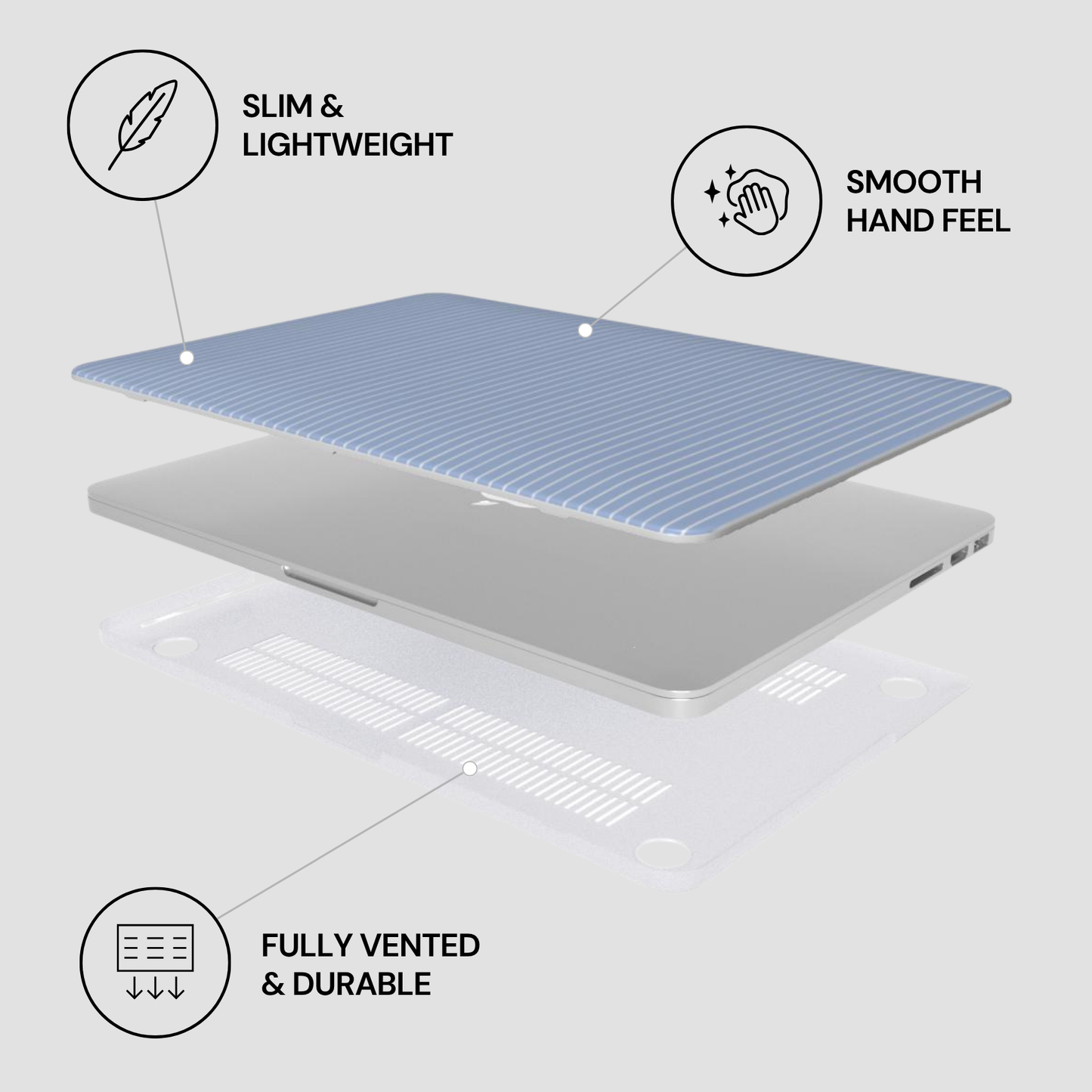 Laptop with text labels indicating 'Slim & Lightweight', 'Smooth Hand Feel', 'Fully Vented', and 'Durable' on a light gray background.